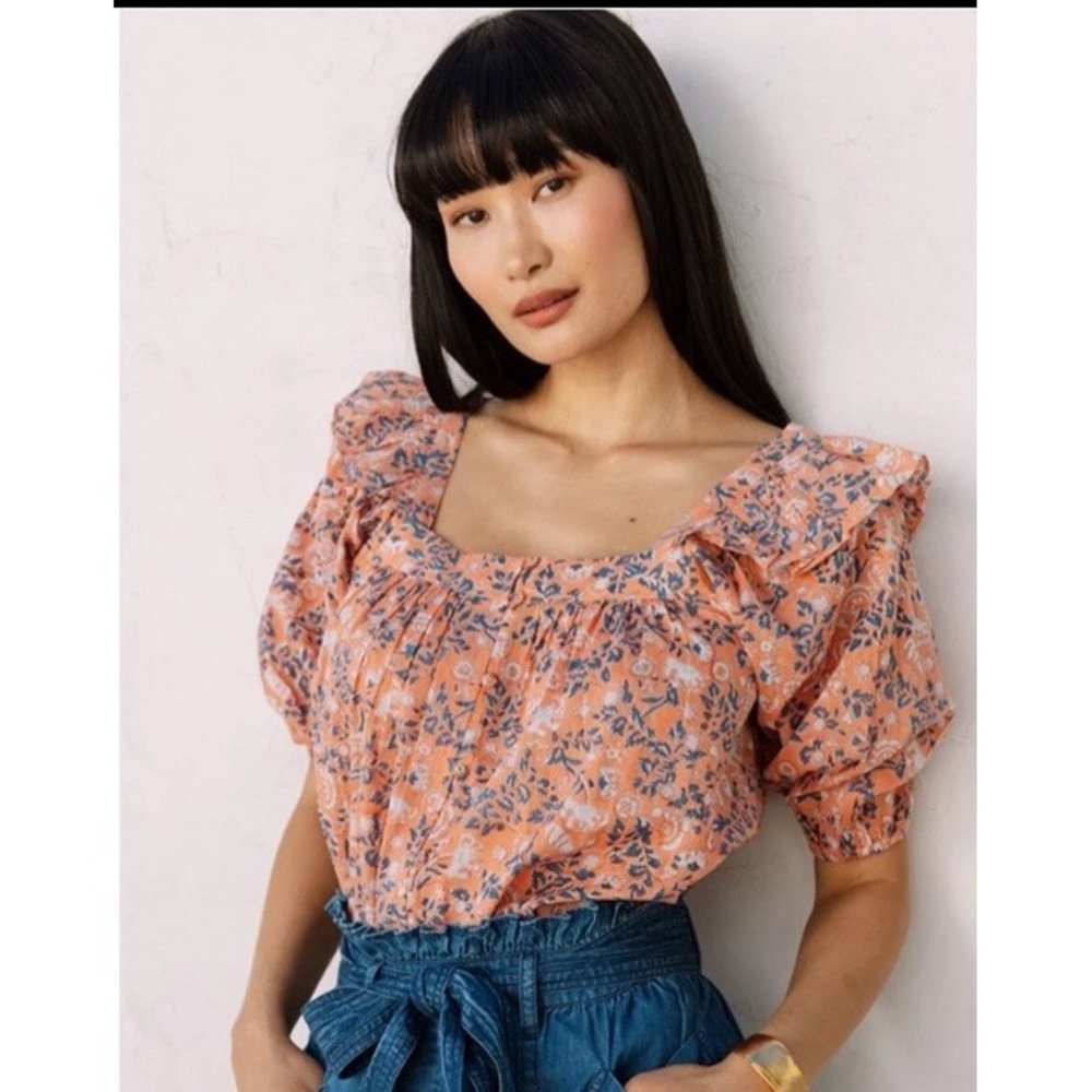Cleobella Top Blouse Mariana Puff Short Sleeve Peach Positanoโ Floral size M